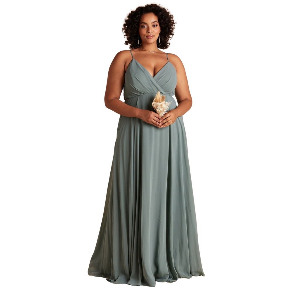 Birdy Grey Kaia Chiffon Maxi Bridesmaid Dress Gown Sea Glass Green Curve 1X NWT